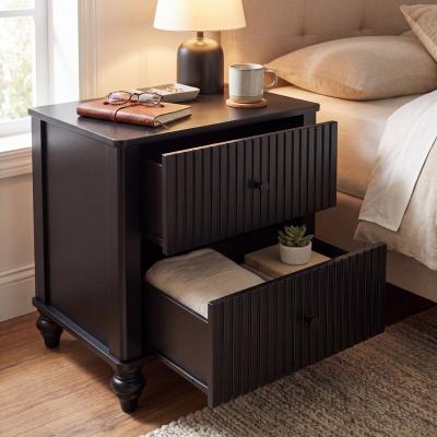 Black Fluted 2-Drawer Nightstand with Vintage Turned Legs, Bedside End Table for Bedroom