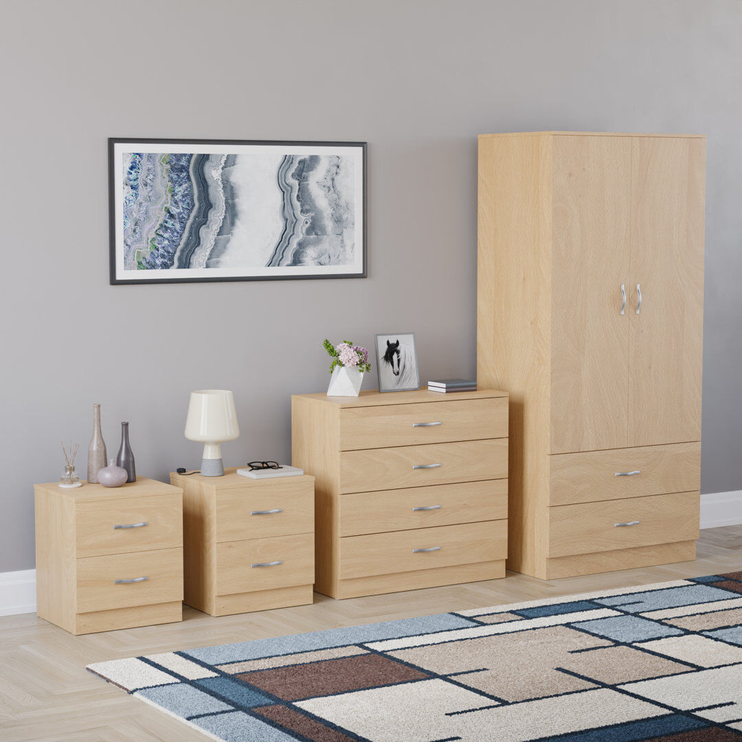 17 Stories Tayce 4 Piece Bedroom Set (2 Drawer Bedside Chest X2, 4 Drawer Chest, 2 Door 2 Drawer Wardrobe) Tan