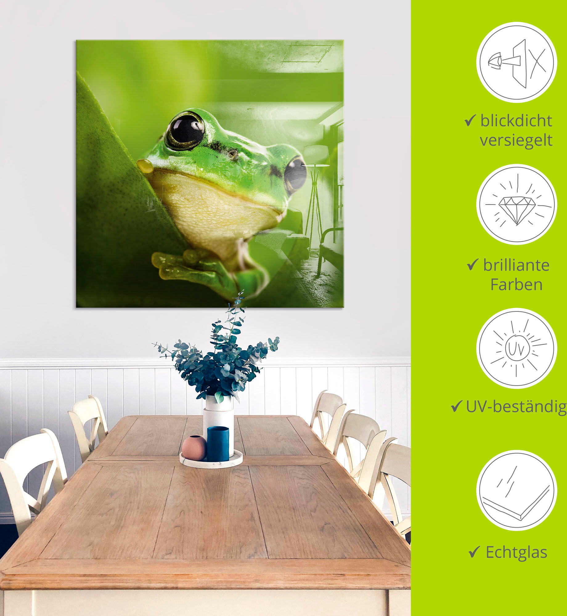 Glasbild ARTLAND "Ausspähender Frosch", grün (farbe bild(er): grün), B:125cm H:50cm, Bilder, Glasbild, in verschiedenen Grössen farbe bild(er): grün B/H/T: 125cm x 50cm, Glasbild Wassertiere, 1 Stk.
