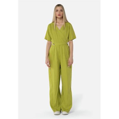 Jumpsuit FRESHLIONS "Kira", Damen, Gr. S, EURO-Größen, grün, 100% Leinen, lang, V-Ausschnitt, Overalls Jumpsuit, im klassischen Design