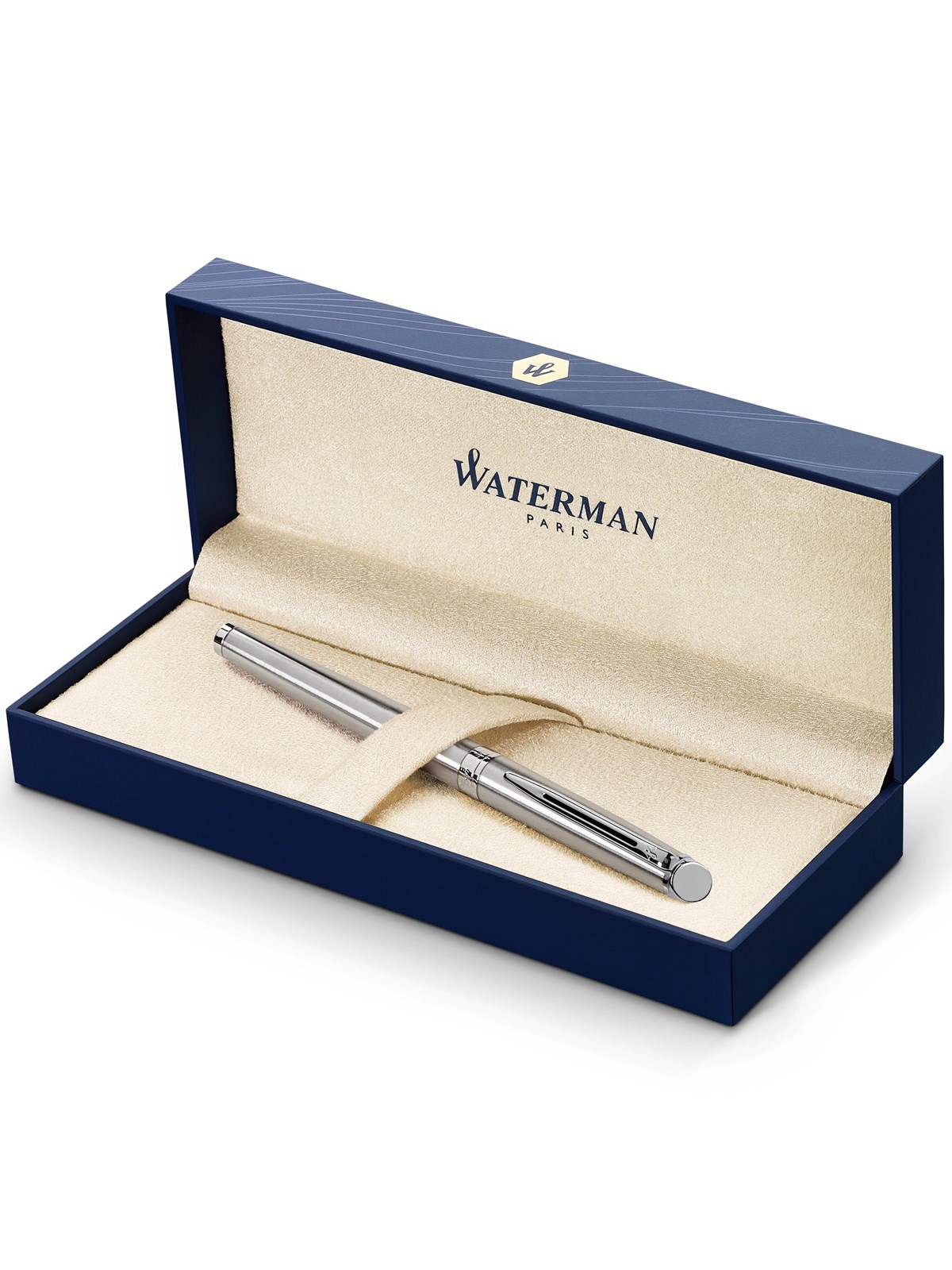 Waterman Hémisphère Füller | Edelstahl mit Chromzierteile | Füllfederhalter mit mittlerer Feder und blauer Tinte | Geschenkbox