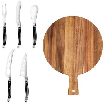 French Home Laguiole 6-Piece Black Pakkawood Artisan Cheese Knife Set and Round Wood Board