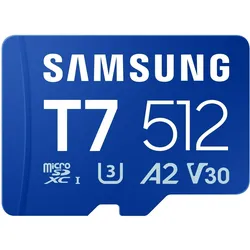 Samsung T7 (512 GB, microSDXC, U3, UHS-I), Speicherkarte, Blau