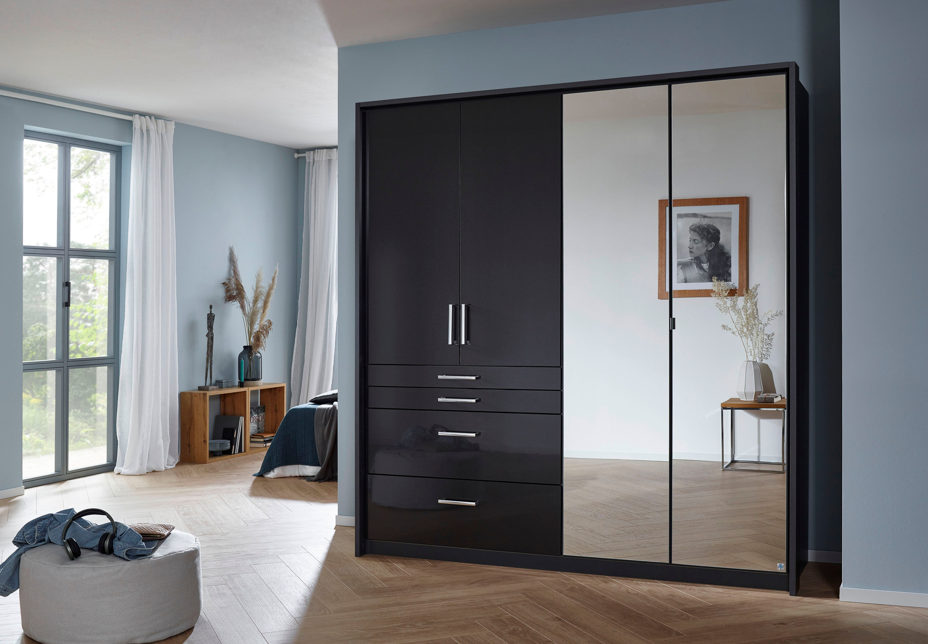 Drehtürenschrank RAUCH "Kleiderschrank Schrank Garderobe Garderobenschrank HOMBURG", grau (graumetallic, hochglanz effektgrau), B:181cm H:197cm T:54cm, Holzwerkstoff, Schränke, Drehtürenschrank, inkl. Passepartout, oberer Schubkasten mit Einteilung MADE I