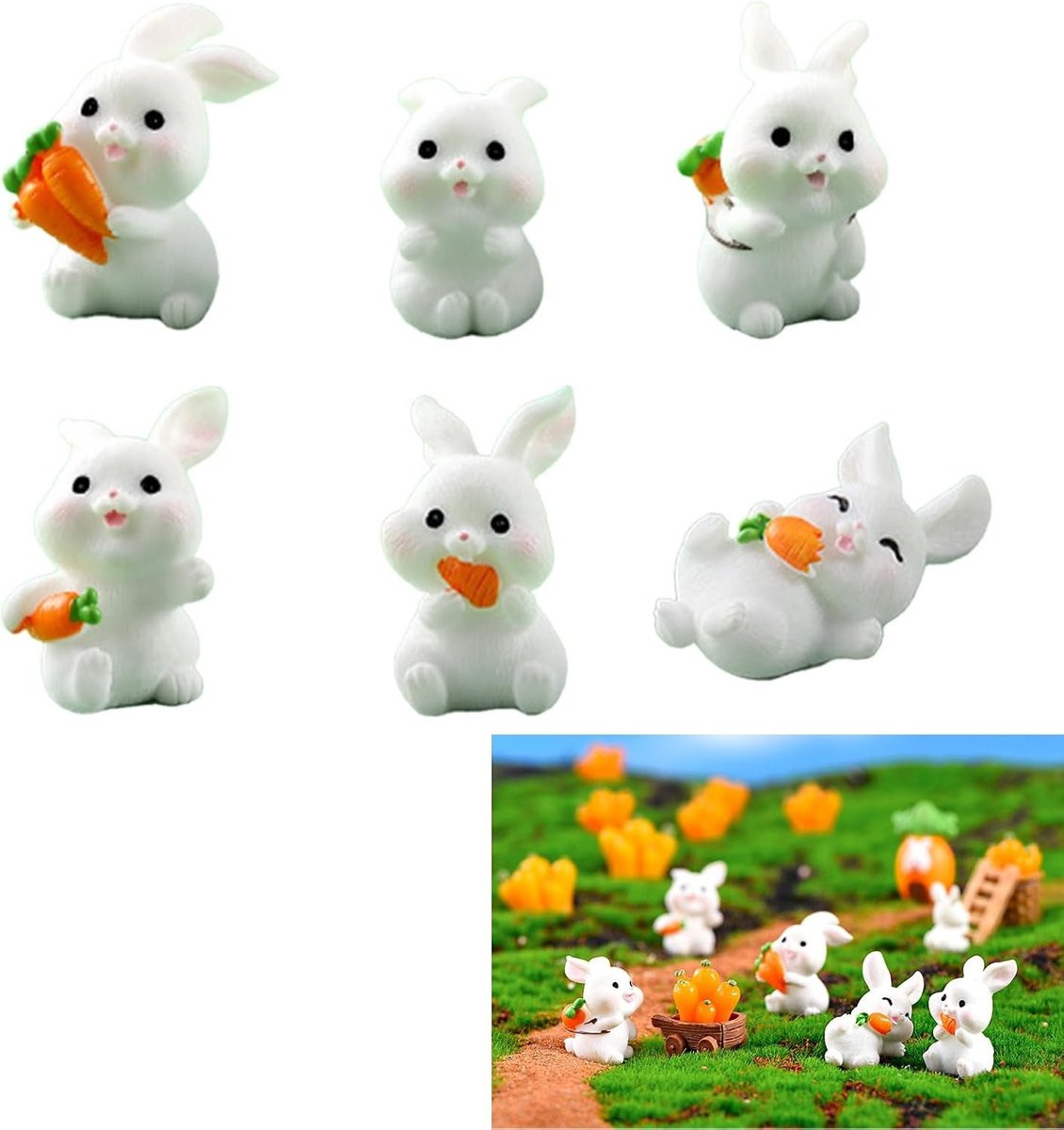 Set van 6 Miniatuur Konijnen Figuren, Decoratieve Paas Ornamenten voor Tafeldecoratie