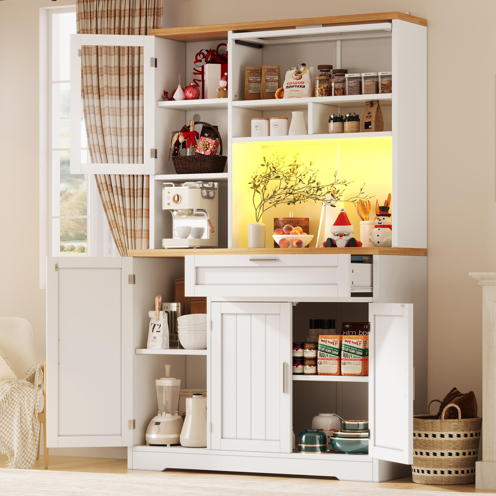 Okwish Hoge keukenkast buffet met LED-verlichting en anti-omkantelbeveiliging, wit