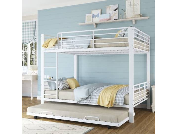 FAVSH Etagenbett 140x200 cm für 3 Personen aus Metall, Hochbett mit Rausfallschutz und Leiter, Geräuscharmes Doppelbett, rutschfest, für Jugendliche und Erwachsene, WG & Ferienwohnung, Weiß B