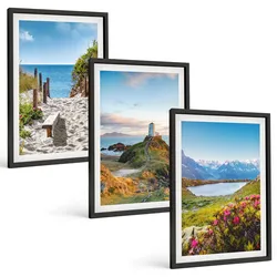 BILDER SET 3er Set - 40x60 cm Schwarzer Rahmen - Strand, Leuchtturm, Berge, Blumen