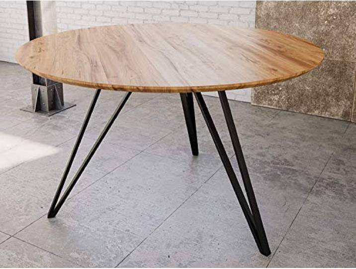 SAM Runder Esstisch Insa Ø 130 cm Akazie Natur Schweizer Kante schwarz Esszimmertisch, Akazienholz naturfarben lackiert, Tischplatte, Metallfüße