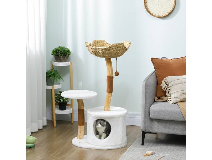 PawHut Arbre à Chat 102cm Blanc avec Griffoirs et Niche