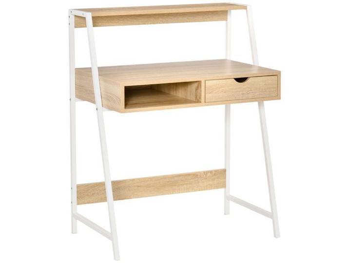 Bureau secrétaire style néo-rétro métal blanc étagère chêne clair