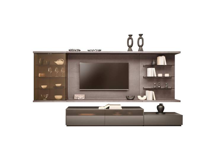 Belluti Wohnwand, Grau, Eiche dunkel, Holz, Glas, Eiche, furniert, 4,4 Fächer, 349.2x182x46 cm, individuell planbar, Beimöbel erhältlich, in verschiedenen Holzdekoren erhältlich, Holzmöbel, Wohnwände Holz, Wohnwände Holz