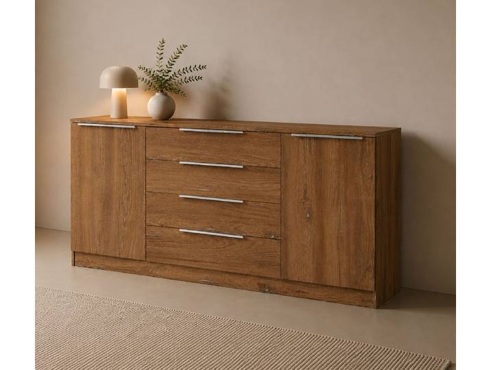 Kommode BORCHARDT MÖBEL Oliva, Kommode mit Metallgriffen , braun (eichefarben vintage), B:166cm H:78cm T:35cm, Holzwerkstoff, Sideboards, Kommode, mit 4 Schubkästen