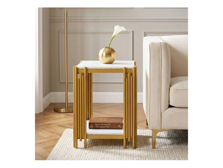 Fine Life Pro Nachttisch Nachttisch mit 2 Ablagen, Goldener Metallrahmen mit Glitzereffekt