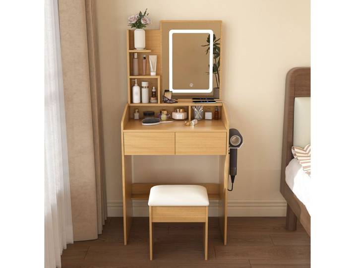 ROVRYN Coiffeuse compacte 60 x 36 x 130 cm avec miroir LED prise intégrée 2 tiroirs et tabouret