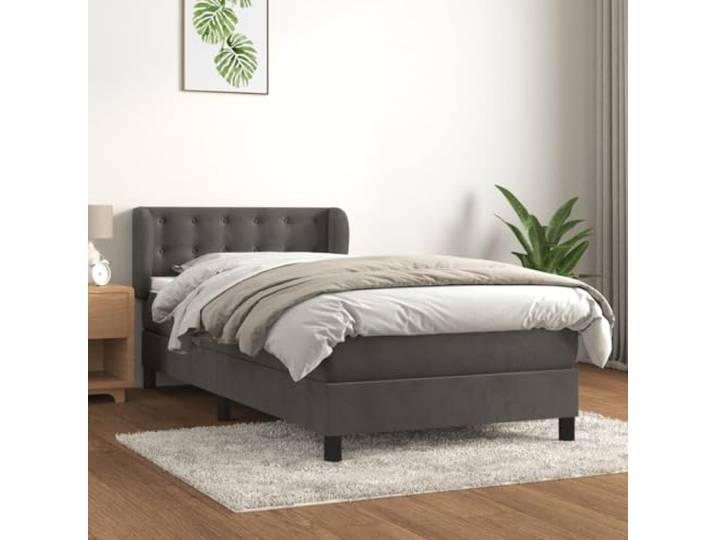 RJPLMFV Komplettes Bett, Velours, 90 x 200 cm, Dunkelgrau Verstellbares Kopfteil, Taschenfederkernmatratze, mittelharte Unterstützung, weicher Matratzenschoner