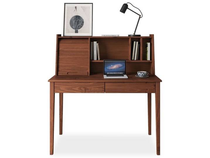 Bureau Secrétaire ALISA en Bois Massif avec 2 Tiroirs 1 Volet 4 Niches 114 x 122 x 54 cm Couleur Châtaignier