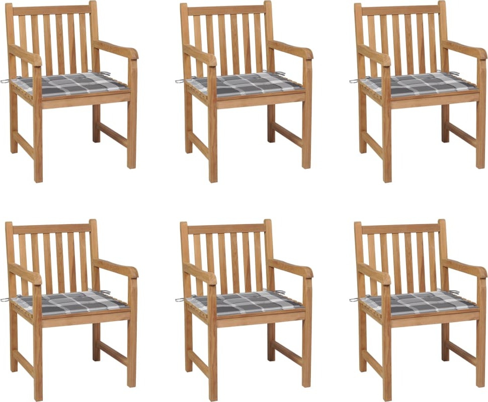 Maison Exclusive - Gartenstühle 6 Stk. Graue Karomuster-Kissen Massivholz Teak
