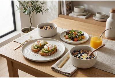 Safdie & Co. Rachel 12-Piece Stoneware Dinnerware Set, Service for 4 - Textured Ribbed Plates and Bowls, Speckled Off-White