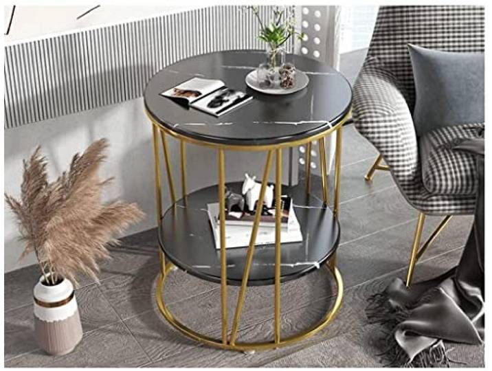AZHKJKZH Nachttisch 20 Zoll Breiter Beistelltisch, Runder Aus Kunstmarmor, Moderner Kleiner Metallrahmen, Heimdekoration, Nachttisch Für Wohnzimmer Wohnzimmer Schlafzimmer(Black Gold)
