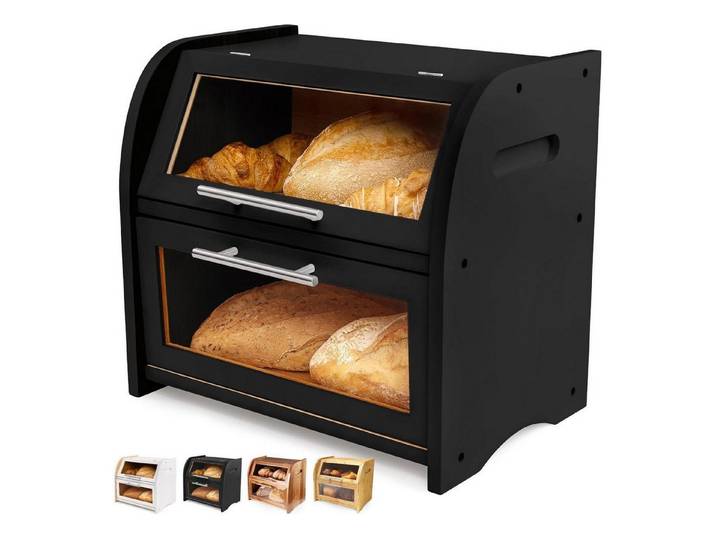 LuxusKollektion Brotkasten Brotkasten Akazie Holz Belüftung Sichtfenster 2 Regale Bamboo Black