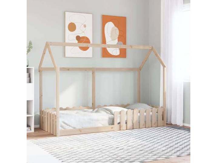 RJPLMFV Bettgestell für Kinder, Form Haus, massives Kiefernholz Seitenbarrieren, niedriges Bett, offenes Dach, DIY, Lattenrost inklusive