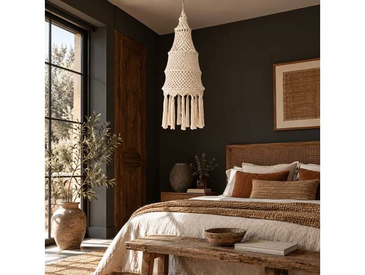 Suspension non electrifiée macramé en coton beige 43x43x120 cm