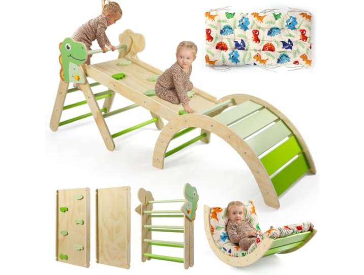 7-in-1 Montessori Kletterdreieck Set mit Rutsche, Kletterbogen & weichem Kissen – Holz Klettergerüst für Babys & Kleinkinder, Indoor Spielgerät, faltbar & sicher (Dinosaur)