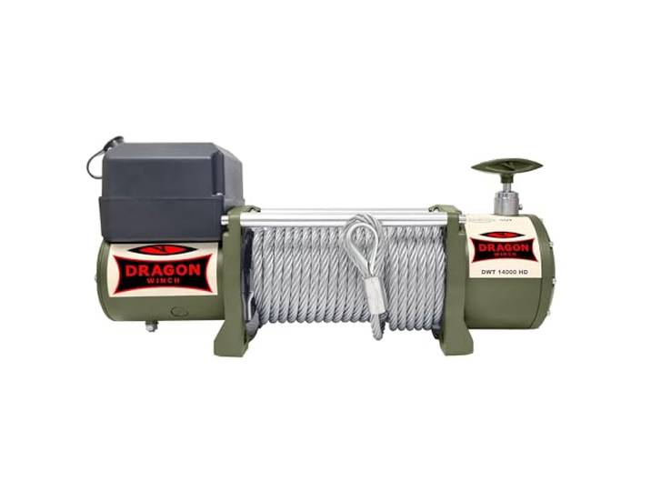 DRAGON WINCH - Elektrische Seilwinde 24V Truck 14000 lbs / 6350 kg mit Stahlseil 20m für Feuerwehren, Nutzfahrzeugen, Lieferwagen mit kabelgebundener und kabelloser Fernbedienung + Winde Zubehör