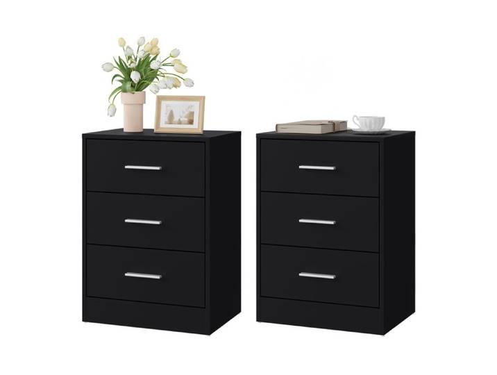 Tables de chevet - WOLTU - Lot de 2 tables de Nuit - 3 tiroirs - 39x28x54 cm - MDF - Noir