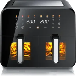 Arendo Heissluftfritteuse Dual Zone 11 L, 2 Kammern nebeneinander, 2600 W, 80–200 °C, inkl Zubehör, XXL, Fritteuse, Schwarz