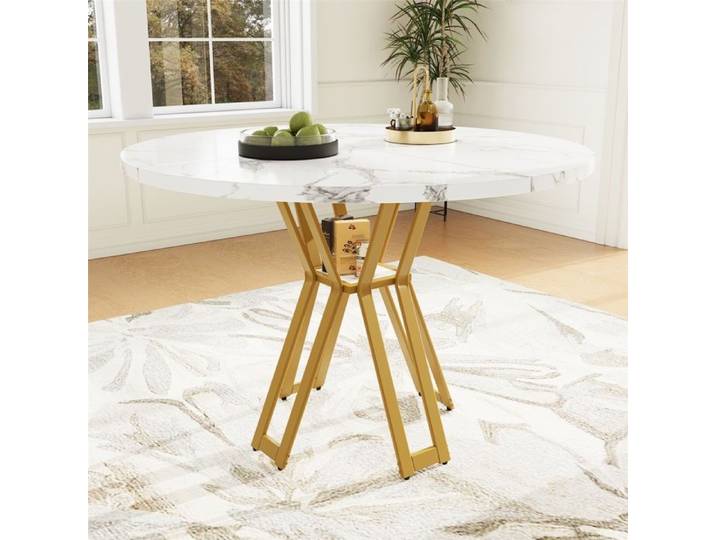 Table ronde 100 cm légère et luxueuse - Plateau MDF effet marbre pieds dorés - Pour salle à manger et salon