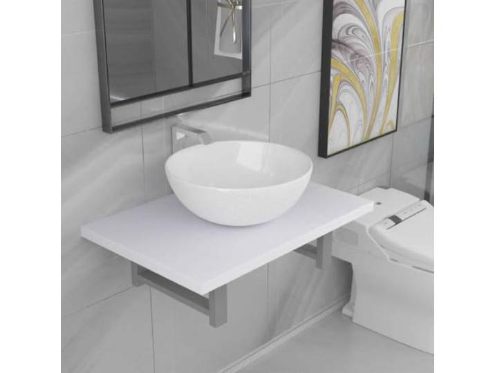 WEMYUFURN 2-TLG. Badmöbel-Set Wandregal mit ovalem Keramik Waschbecken Weiß Hochglanz Keramik, robustes Wandregal, ovale Form, inkl. Montagematerial, für Bad und Gäste-WC