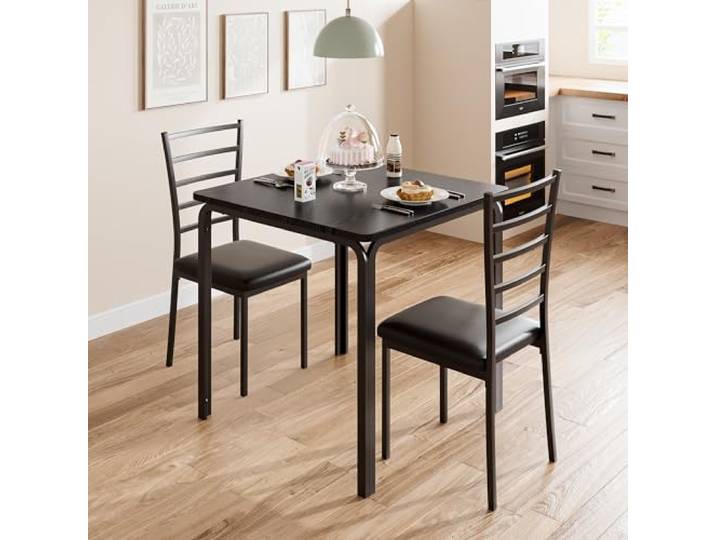Crevyteg 3-teiliges Tisch mit Stühlen, Esstisch Klein mit 2 Stühlen, Quadratischer Esstisch aus Metall und Holz mit 2 Gepolsterten Stühlen, Küchentisch mit 2 Stühlen für Kleine Räume, Schwarz