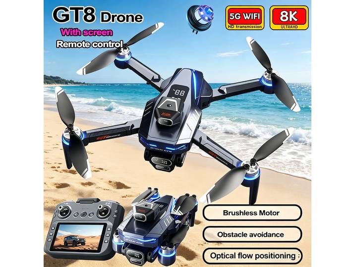 Nouveau drone GT8 8K professionnel HD 360 ° Jouets quadricoptères pliables avec double caméra, 5G WIFI, moteurs sans balais et évitement d'obstacles