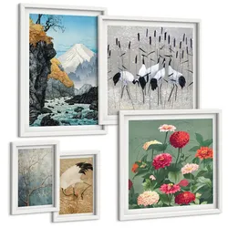 BILDER SET 5er Set - 50x50 cm & 20x30 cm & 40x60 cm Weißer Rahmen - Berge, Fluss, Blumen, Kraniche
