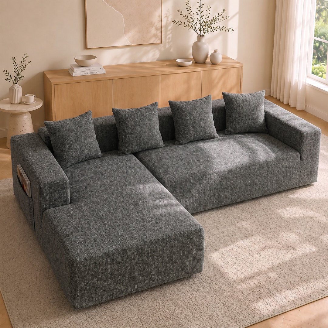Metro Modern Oversized 262cm Boneless Corner Sofa L-Shaped Chenille Sofa With Storage Pockets Black 80cm H X 261cm W X 156cm D