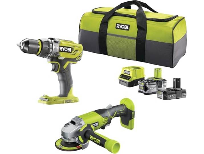 RYOBI 5133003842 - Combo 2 Outils 18 Volts ONE Plus : 1 Perceuse Percussion Plus 1 Meuleuse d'angle 115 mm 2 Batteries (2 and 4Ah)\, Chargeur\, Sac de Transport - R18PDAG-242S
