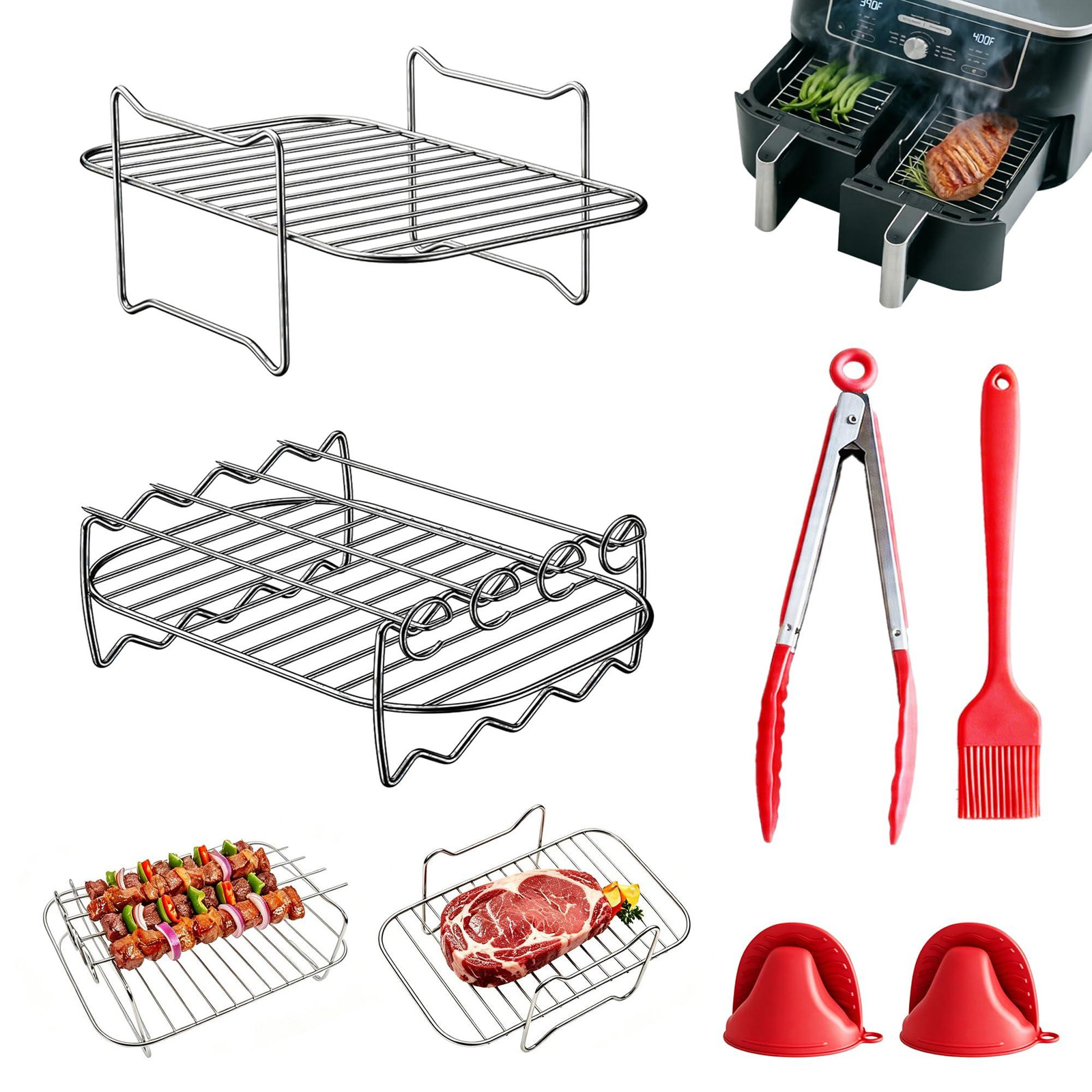 Selius 5-delige Stapelbare Airfryer Accessoires Set van RVS met Grillrooster voor Dubbele Mand