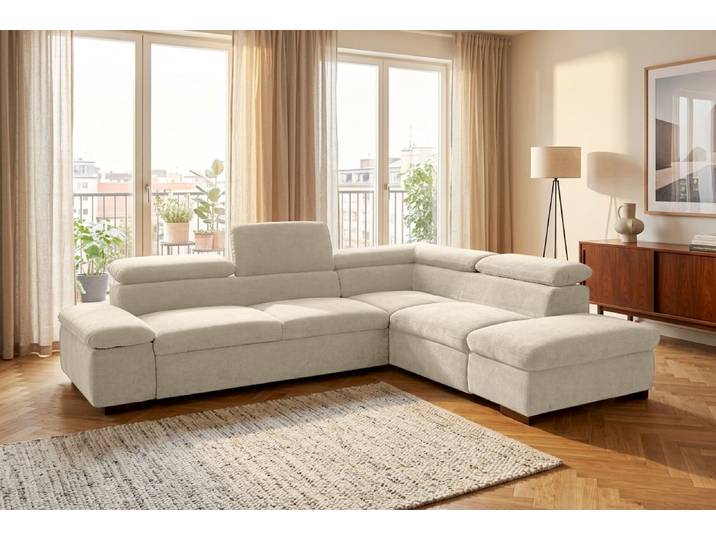 Ecksofa, Beige, 272x226 cm, Luxus-Microfaser, Mit Kopfteilverstellung, Vintage, Home-affaire