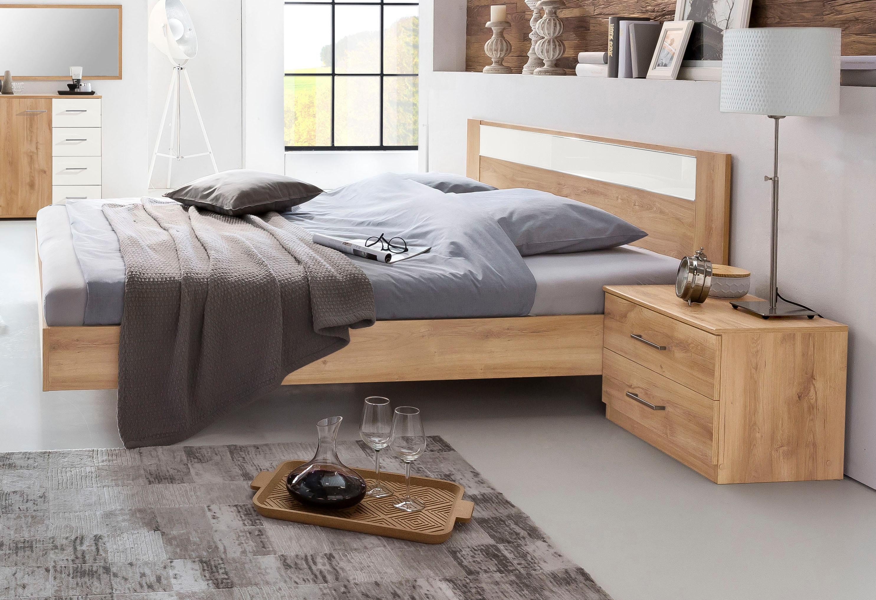 Bett WIMEX "Petra/Pamela", braun (plankeneichefarben, weißglas), L:210cm, Betten, Bett plankeneichefarben, weißglas Liegefläche Länge B: 200cm x 140cm