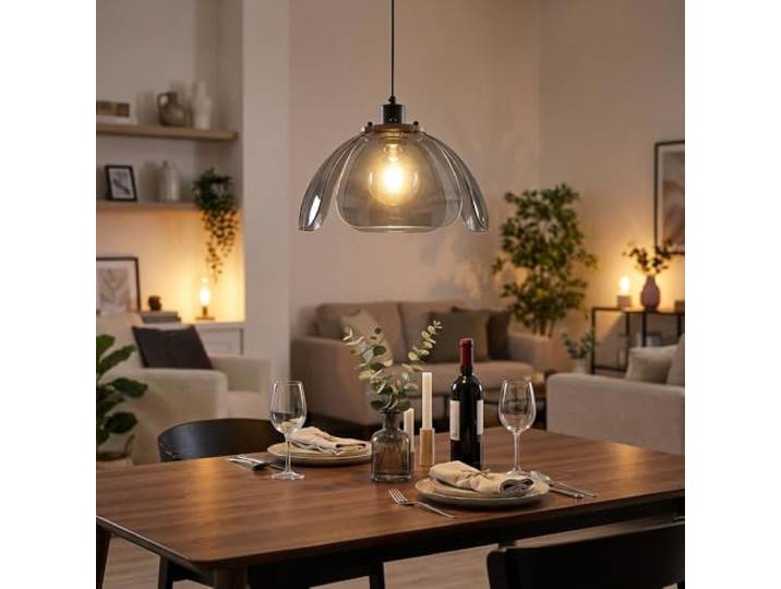 Hängeleuchte Pendellampe Wohnzimmerlampe Esstischleuchte Küchenlampe, Metall schwarz Glas rauchfarben, Glasschirm in Blütenform, E27, D 34 cm