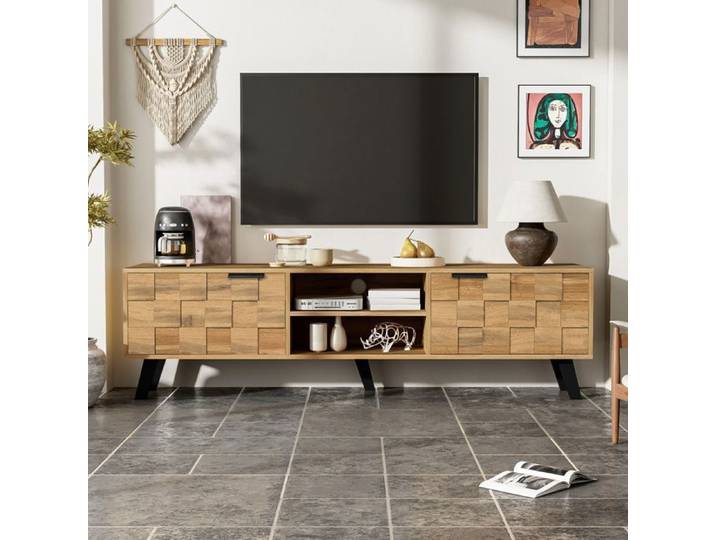 Maisentiel Meuble TV moderne 160 5 cm effet bois 2 portes et 2 compartiments ouverts