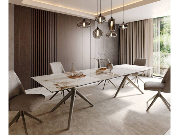 Esstisch Edge 300x100 Keramik Minas Melange Weiß-Beige Estelar rund Metall Effektfinish Titan, Esstische
