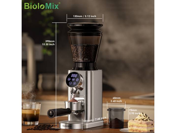 BioloMix Broyeur à fraises conique professionnel 48 réglages réglables avec support amovible pour goutte à goutte expresso et presse française