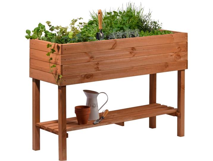 Hochbeet DOBAR, braun, B:40cm H:80cm T:117cm, Holzwerkstoff, Pflanzgefäße, Hochbeet, mit Ablage, inkl. Pflanzfolie, wetterfest lasiert