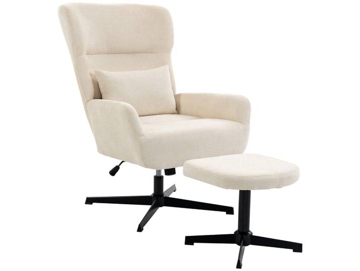 Homcom Relaxsessel-Mit-Hocker 2er Set Polyester Cremeweiß, Metall, Füllung: Schaumstoff,Schaumstoff, einzeln stellbar, Bodenplatte, 88x104x71 cm, Wohnzimmer, Sessel, Relaxsessel