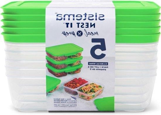 Set van 5 Sistema Luchtdichte Voedselopslagcontainers met Compartimenten en Deksel, Groen/Transparant, 870 ml