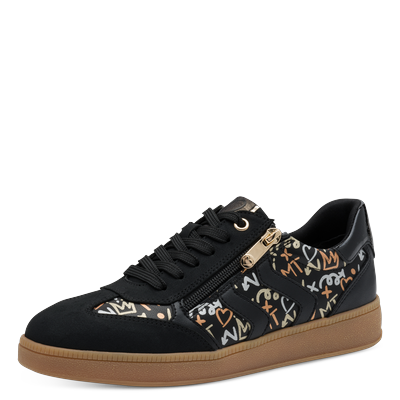 Plateausneaker MARCO TOZZI, Damen, Gr. 40, Textil, schwarz (schwarz multi), Lederimitat, bedruckt, Schuhe Plateausneaker, Halbschuh, Schnürschuh, Freizeitschuh mit Feel-Me-Ausstattung