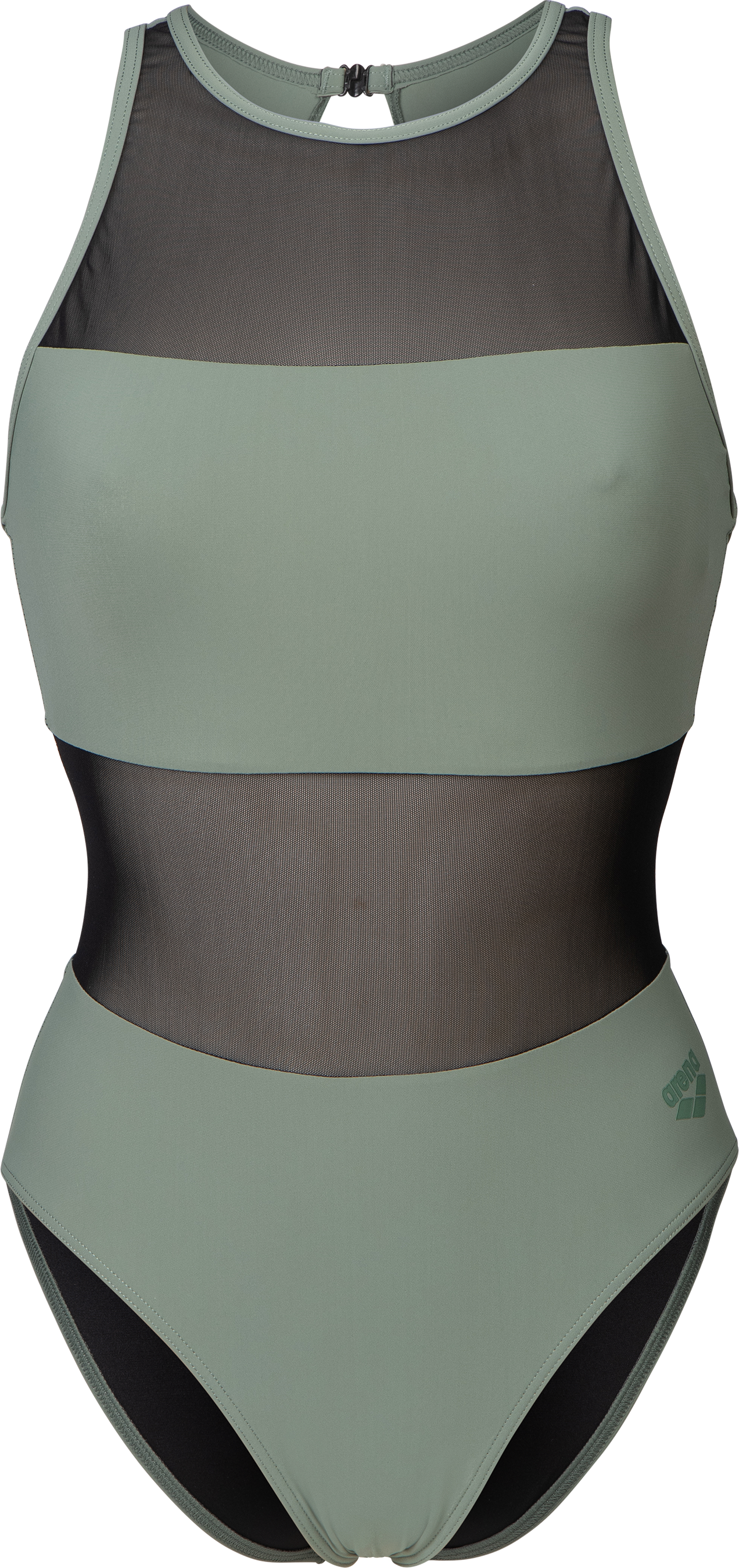 Badeanzug ARENA "arena Feel Damen Mesh Panels Vent Back Badeanzug", Damen, Gr. 42, N-Gr, grün (sage), Obermaterial: 74% Polyamid, 26% Elasthan, Badeanzüge Badeanzug, Mit transparenten Einsätzen sage 42, N-Gr